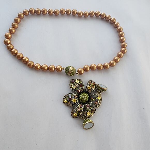 HEIDI DAUS Anemone Floral Crystal Pendant Pearl Necklace Golden Shadow Cognac - Picture 8 of 11